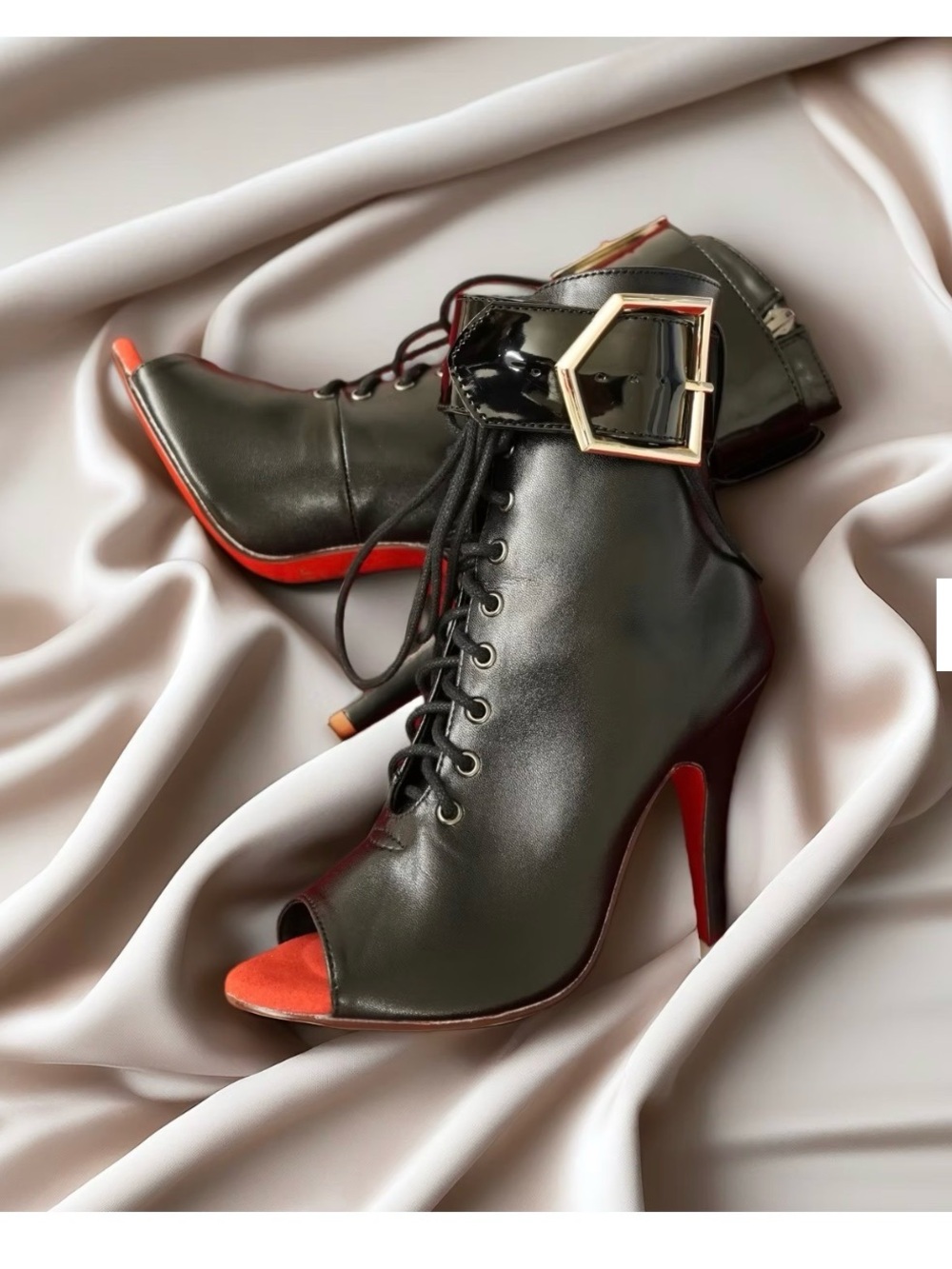 LYP Lace-Up Peep-Toe High Heel Ankle Boots in Black with Red Accents Heels Dance